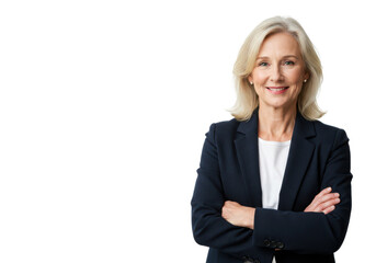 A professional older woman with blonde hair, wearing a dark blue blazer over a white shirt
