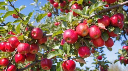 Obraz premium Red apples on tree branches against blue sky