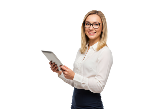 A smiling woman with shoulder-length blonde hair wearing glasses, a white blouse, and a dark skirt, holding a tablet and standing