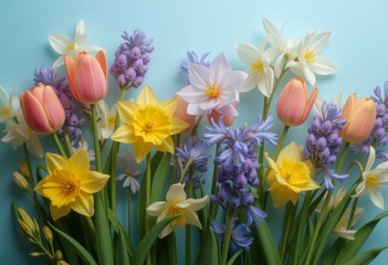 Obraz premium Colorful spring flowers on blue background