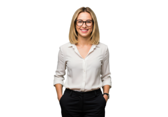 A smiling woman with shoulder-length blonde hair wearing glasses, a white blouse, and black trousers