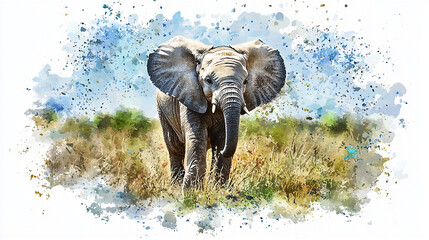 Fototapeta premium cute baby elephant in watercolor style stands in grassy field