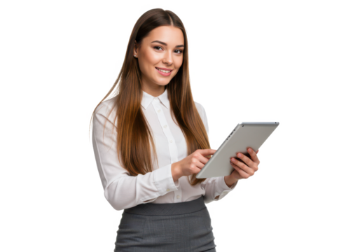 A young woman with long straight brown hair, wearing a white blouse and a gray skirt, holding a tablet and smiling while standing - Powered by Adobe
