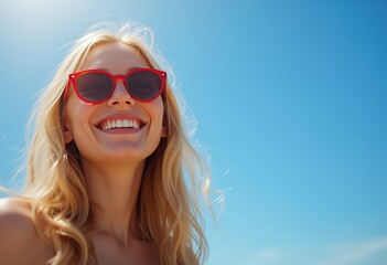 Smiling woman in red sunglasses under blue summer sky