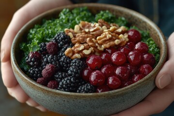 Delicious Rustic Salad Bowl Recipe Wholesome Kale, Roasted Nuts, and Berries This gourmet protein-rich salad features a vibrant mix of fresh kale, crunchy roasted walnuts, sweet blackberries