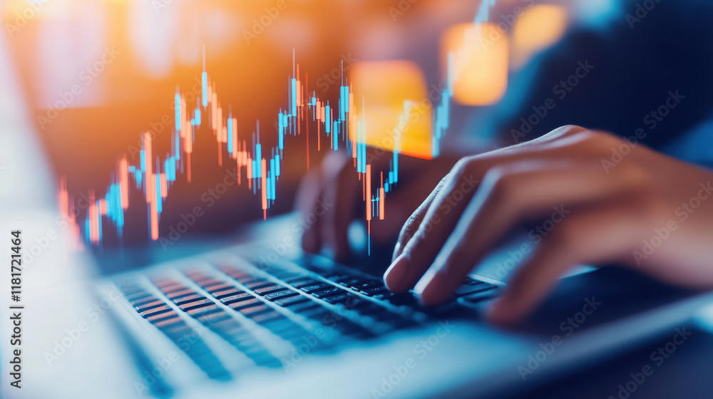 Poster a close-up of a person typing on a laptop with a colorful graph overlay, symbolizing financial analy