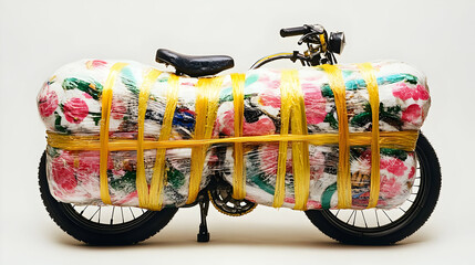 Bicycle Wrapped in Floral Fabric and Strapped Securely for Transport