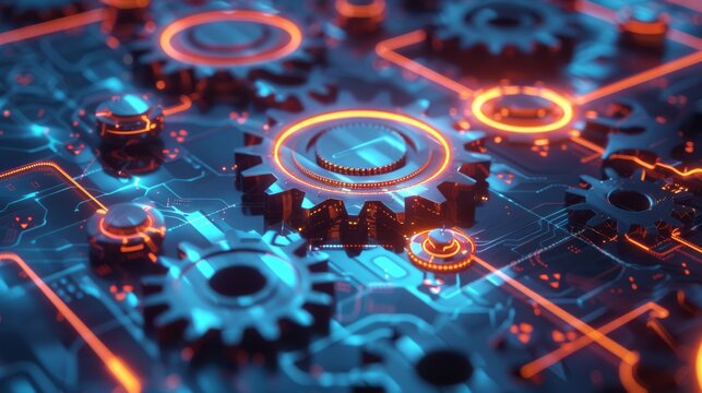 Futuristic mechanical gears and circuitry illuminated by vibrant neon orange and blue lights, showcasing intricate details and advanced technology design