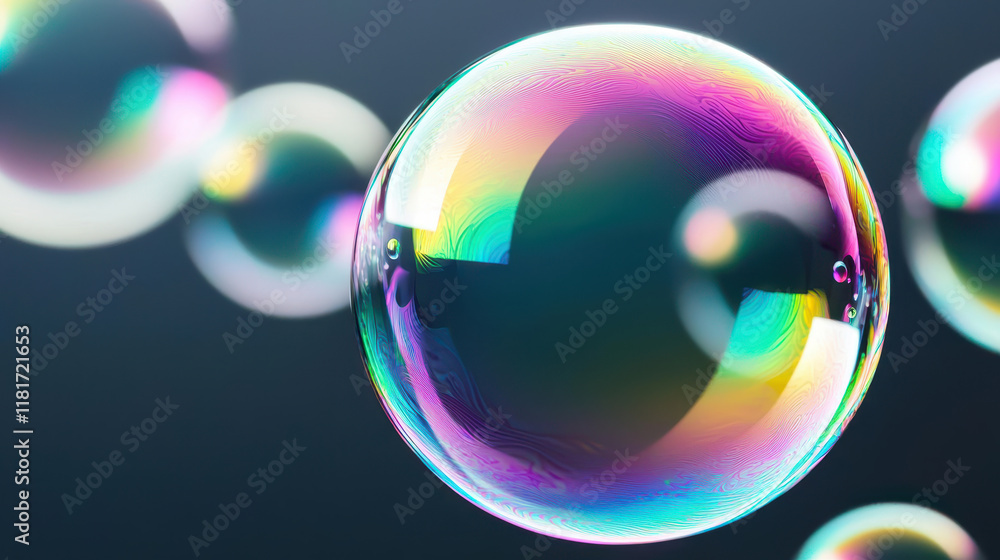 Poster a close-up of a vibrant soap bubble showcasing rainbow colors and reflections against a dark backgro