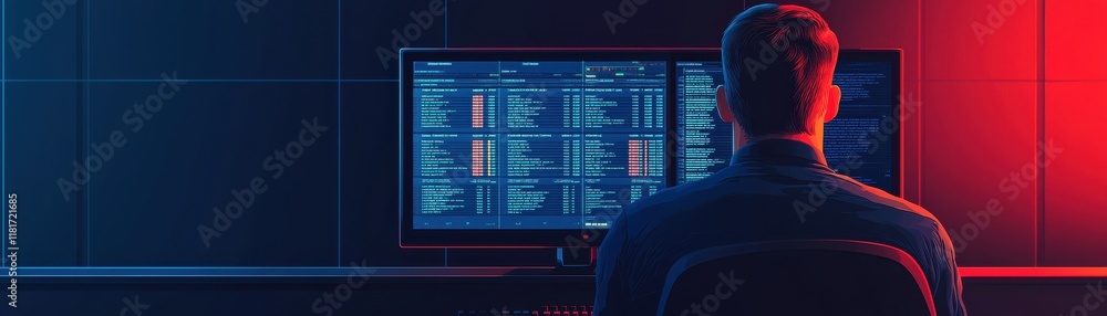 Poster a person is seated in front of dual monitors displaying data, illuminated by blue and red lighting, 