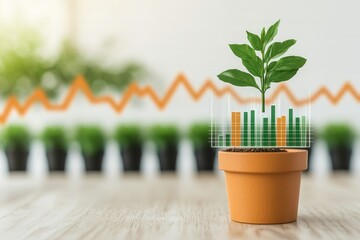 Advice investment tip concept. Growing plant symbolizing financial growth and data analytics.