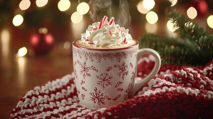 Cozy holiday cocoa mug with whipped cream and candy canes