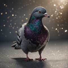 A pigeon covered in glitter, glowing on a neutral surface.