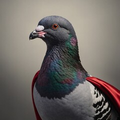 A pigeon wearing a superhero cape, standing on a plain background.
