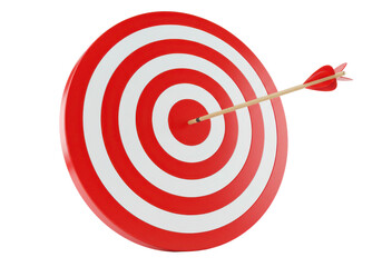 A red and white target with an arrow precisely hitting the center, isolated on a white background