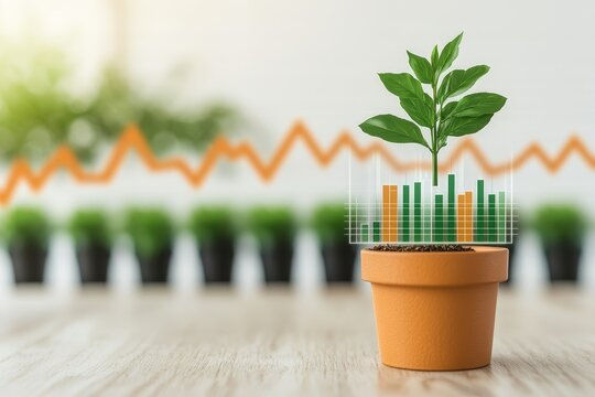 Advice investment tip concept. Growing plant symbolizing financial growth and data analytics.