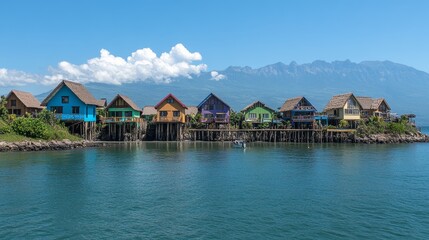 Fototapeta premium Colorful Lake Houses Against Mountain Panorama