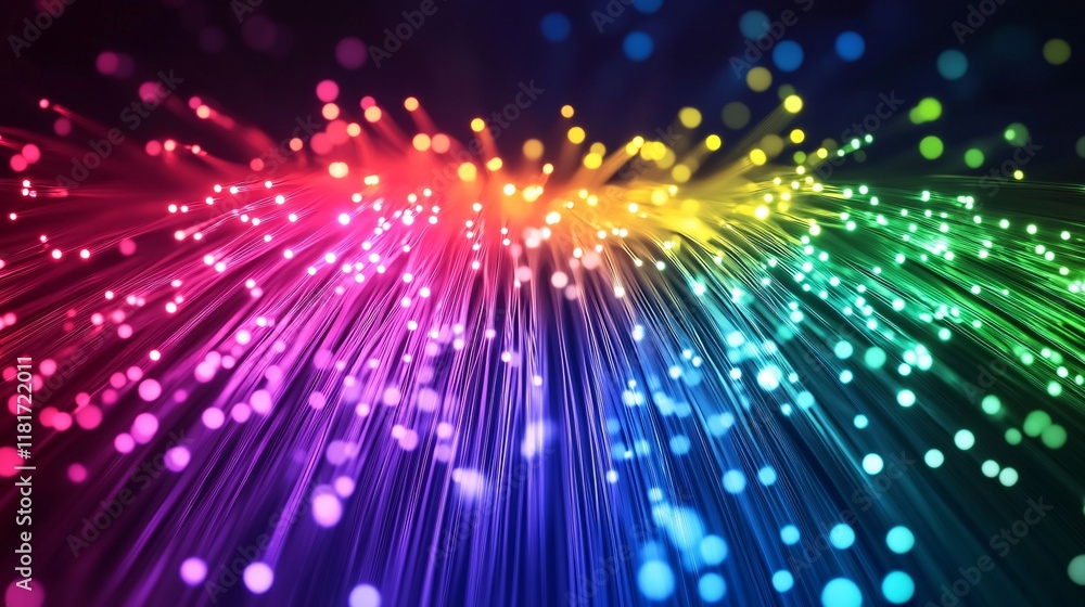 Poster a vibrant display of colorful light particles radiating in a dynamic flow, creating an energetic and