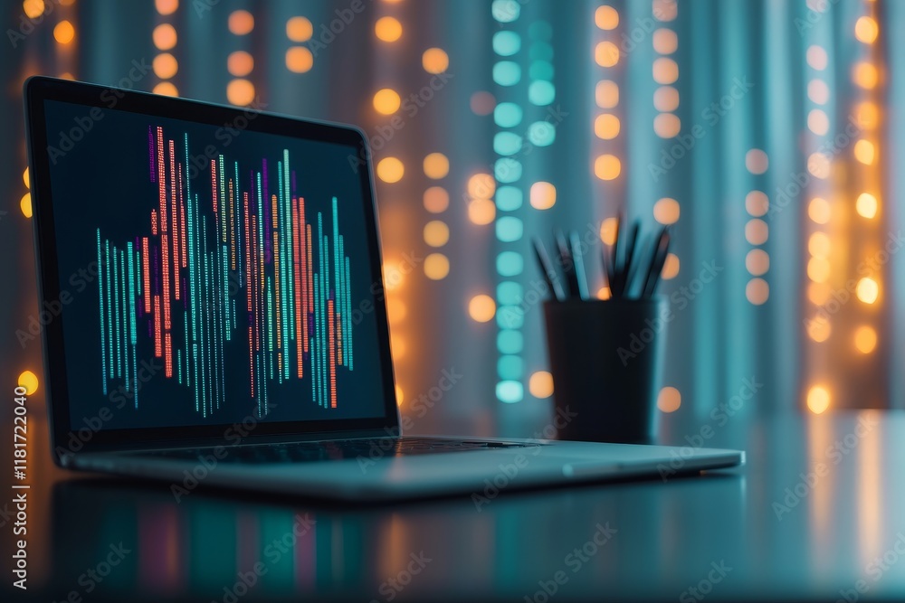 Poster strategy investment guide concept. laptop displaying colorful code in a modern workspace with blurre