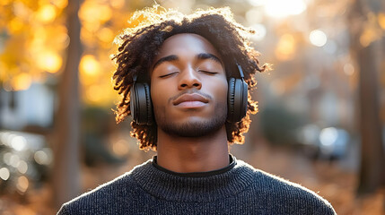 Man Enjoys Music in Autumn Park: Relaxation and Peace with Headphones