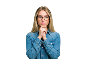 A young woman with blonde hair, wearing glasses and a denim shirt, holding her chin in a thoughtful pose. The image is isolated on a white background