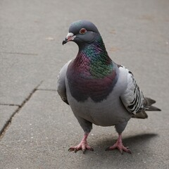 A pigeon walking with one foot raised, on a blank background.
