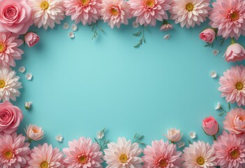 Fototapeta premium Pastel flower arrangement on turquoise background