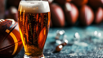 American football balls and beer in a glass on a dark background.