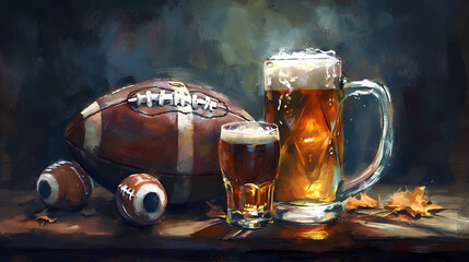 American football, beer and rugby ball on a dark background. Digital painting.