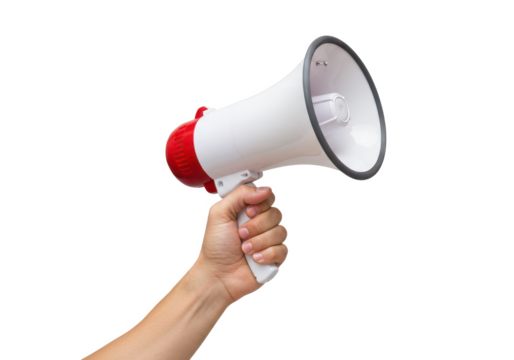 A hand holding a white megaphone with a red speaker, isolated on a white background