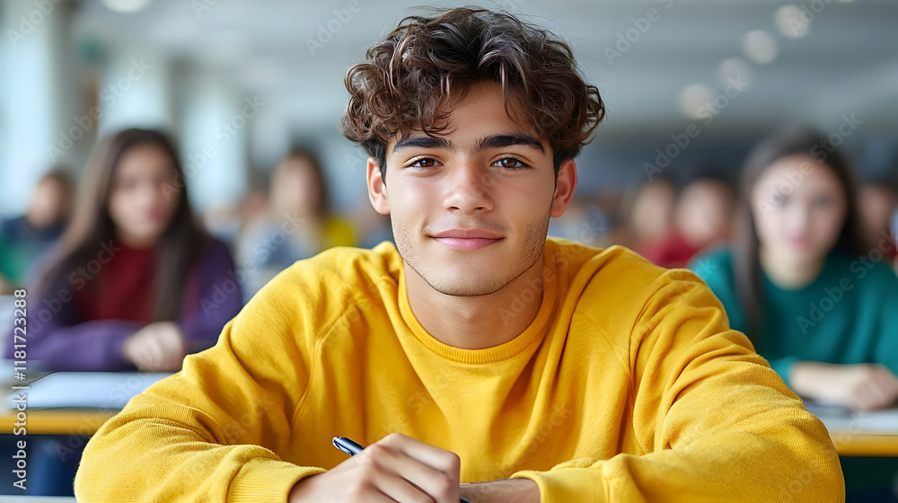 Aufkleber student learns in classroom with pen and notebook attentively