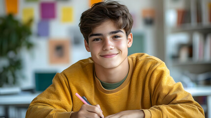 Student Studies Diligently, Writes Notes Carefully in Classroom Environment