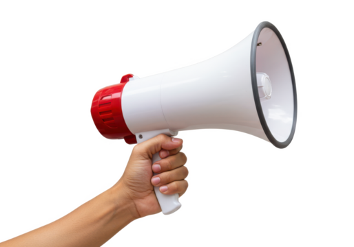 A hand holding a white megaphone with a red speaker, isolated on a white background