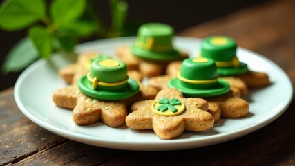 Shortbread gingerbread cookies in the shape of a shamrock. gold coin, horseshoe, green hat, St. Patrick's Day