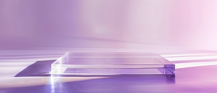 Transparent rectangular glass podium with subtle sparkles, set against a soft purple gradient background with natural light reflections