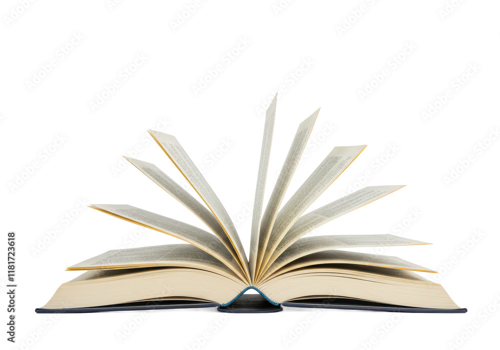 Poster an open book with visible printed text, with some pages flipping naturally as if caught by a breeze
