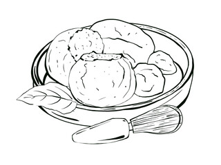 Mozzarella cheese in a clay plate. Italian round soft cheese. Traditional Italian food. Hand drawn composition in sketch style isolated on white background. Element for bar and restaurant menu.