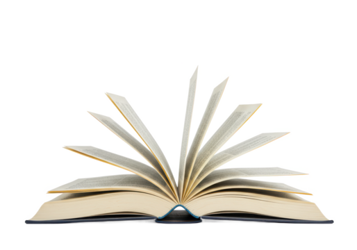 An open book with visible printed text, with some pages flipping naturally as if caught by a breeze