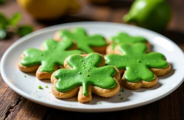 Shortbread gingerbread cookies in the shape of a shamrock. gold coin, horseshoe, green hat, St. Patrick's Day