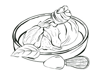 Buffalo Mozzarella cheese in a clay plate. Italian soft cheese. Traditional Italian food. Hand drawn composition in sketch style isolated on white background. Element for bar and restaurant menu.