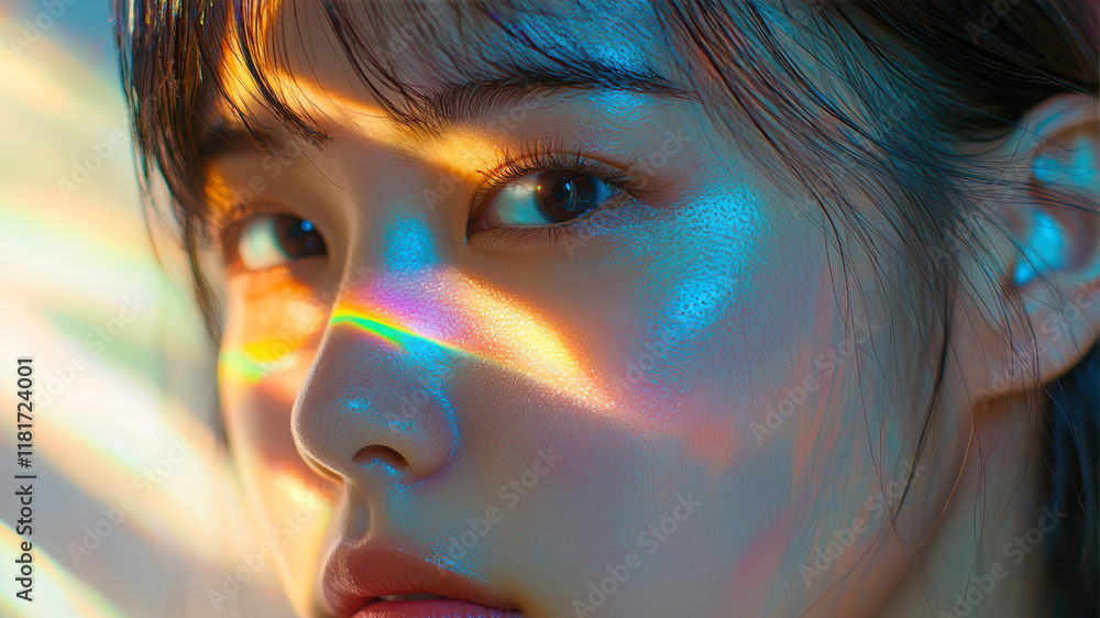 Aufkleber intricate play of holographic rainbow light reflections on a serene face creating a mesmerizing visu