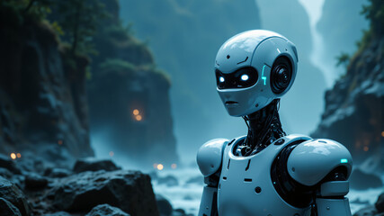 Fototapeta premium A sleek, futuristic robot with glowing blue eyes stands in a misty, serene landscape.