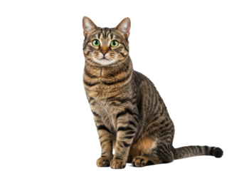 A brown tabby cat sitting upright with alert green eyes, isolated on a white background