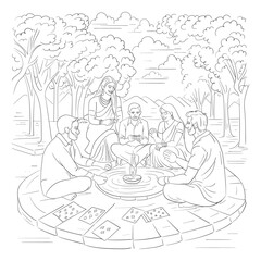 diwali illustration, family playing card in park illustration. family celeberating diwali.