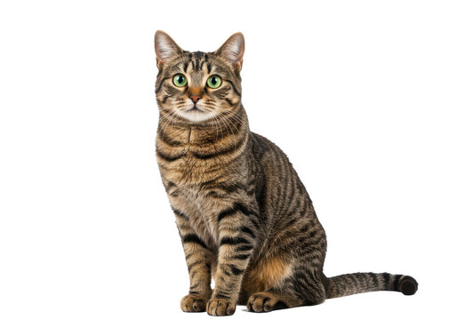 A brown tabby cat sitting upright with alert green eyes, isolated on a white background