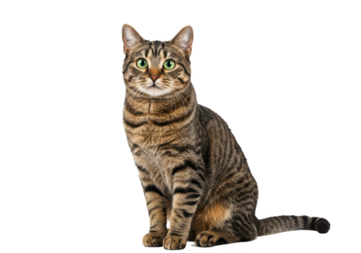 A brown tabby cat sitting upright with alert green eyes, isolated on a white background