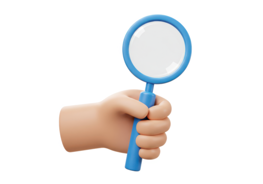 A 3D-rendered hand holding a magnifying glass with a blue handle, isolated on a white background