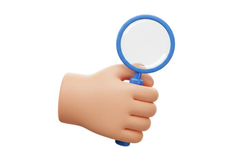 A 3D-rendered hand holding a magnifying glass with a blue handle, isolated on a white background