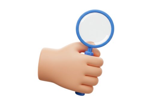 A 3D-rendered hand holding a magnifying glass with a blue handle, isolated on a white background