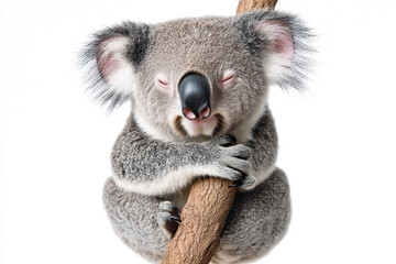 Fototapeta premium A cute koala sleeping peacefully while hugging a tree branch.